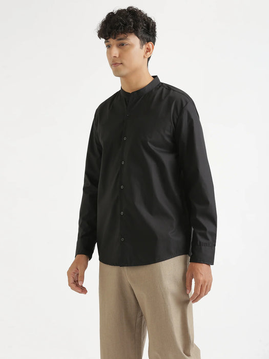 Men Black Better Cotton Mandarin Collar Shirt