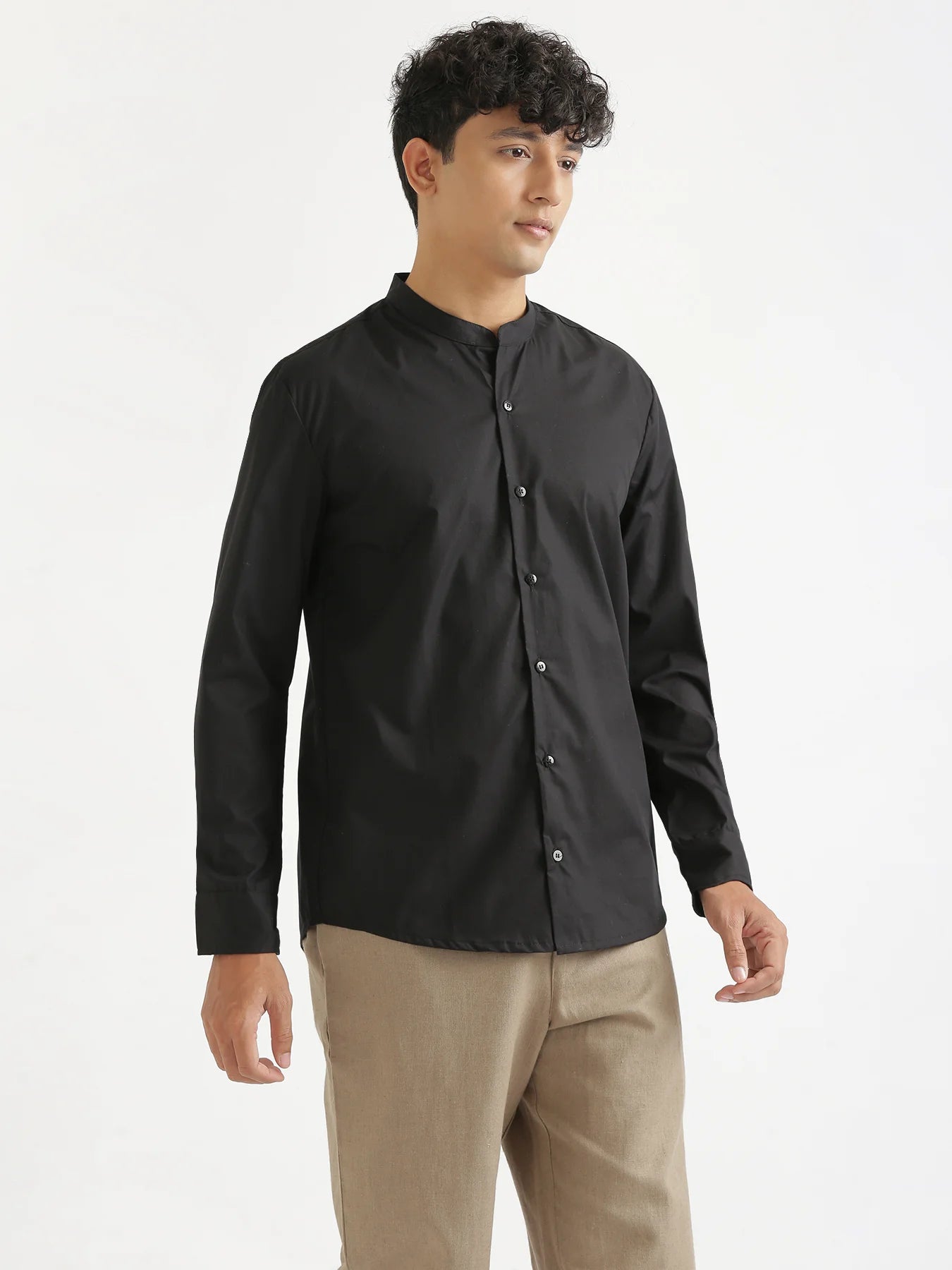 Men Black Better Cotton Mandarin Collar Shirt