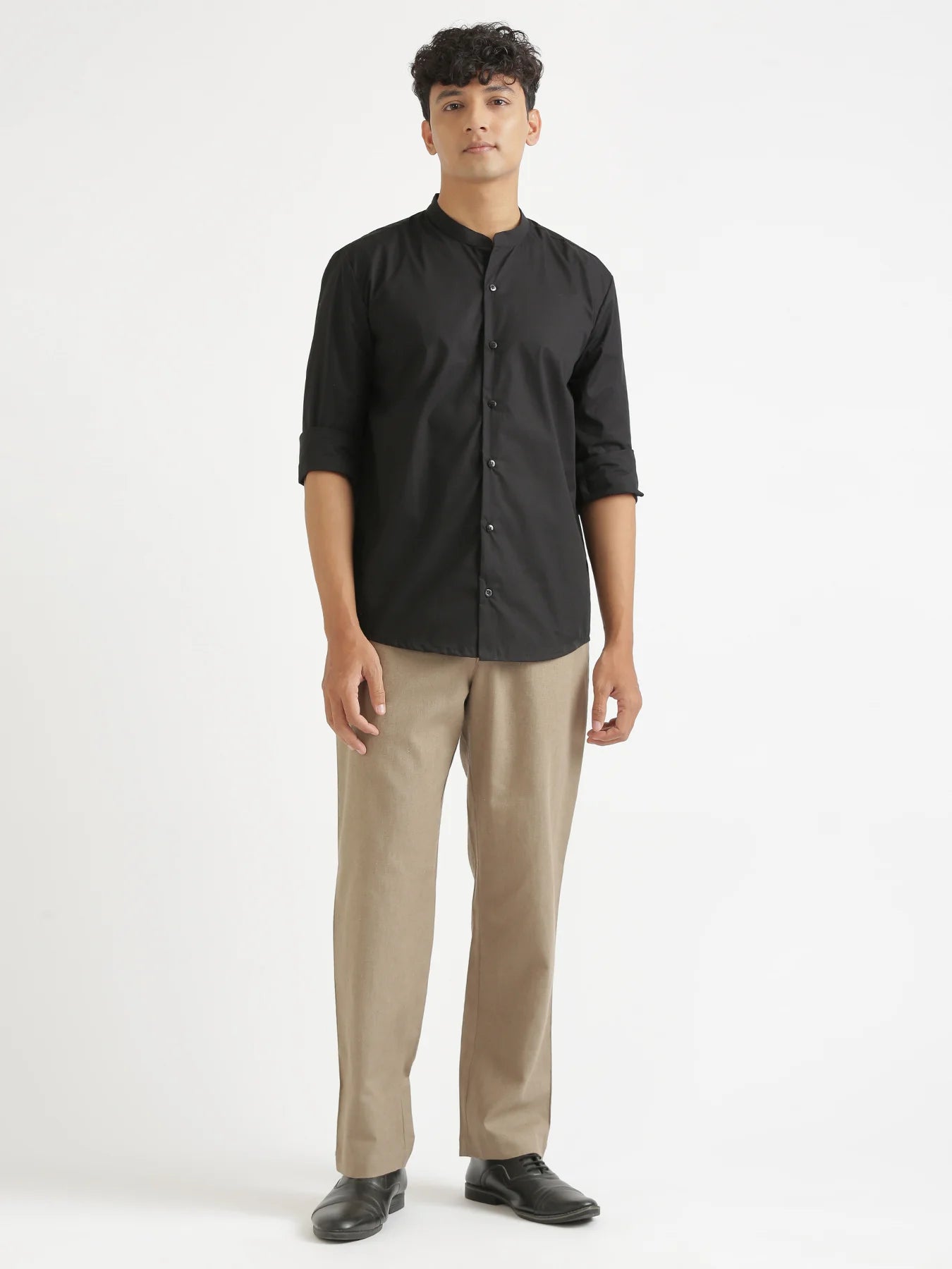 Men Black Better Cotton Mandarin Collar Shirt