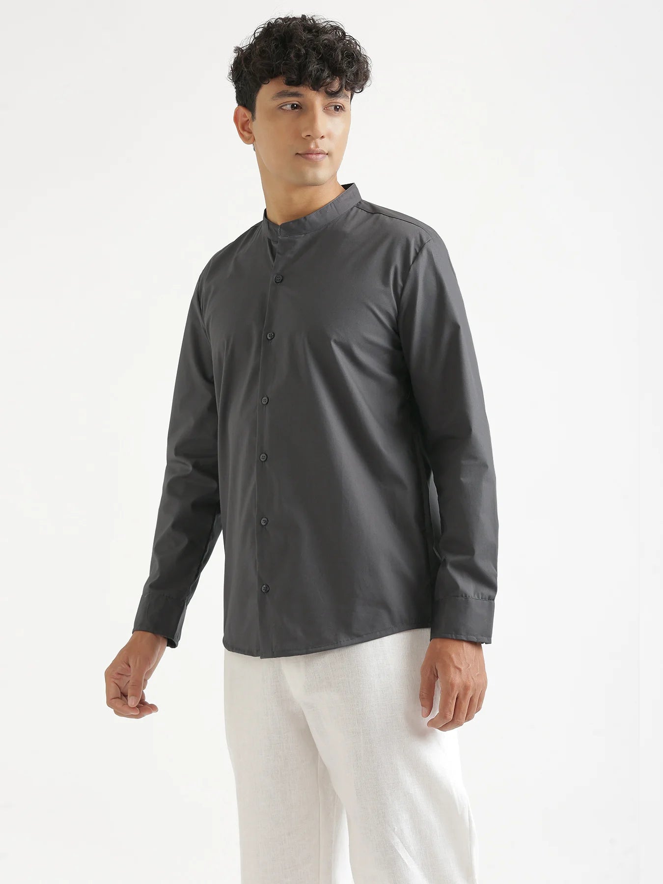 Men Dark Grey Better Cotton Mandarin Collar Shirt