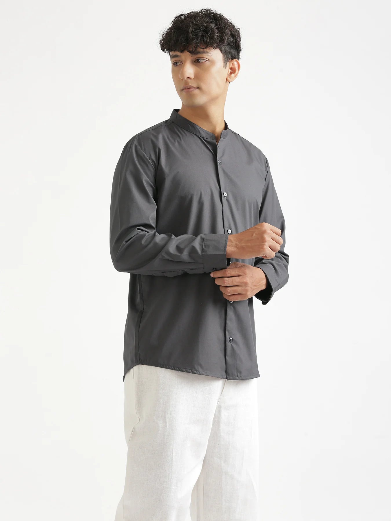 Men Dark Grey Better Cotton Mandarin Collar Shirt