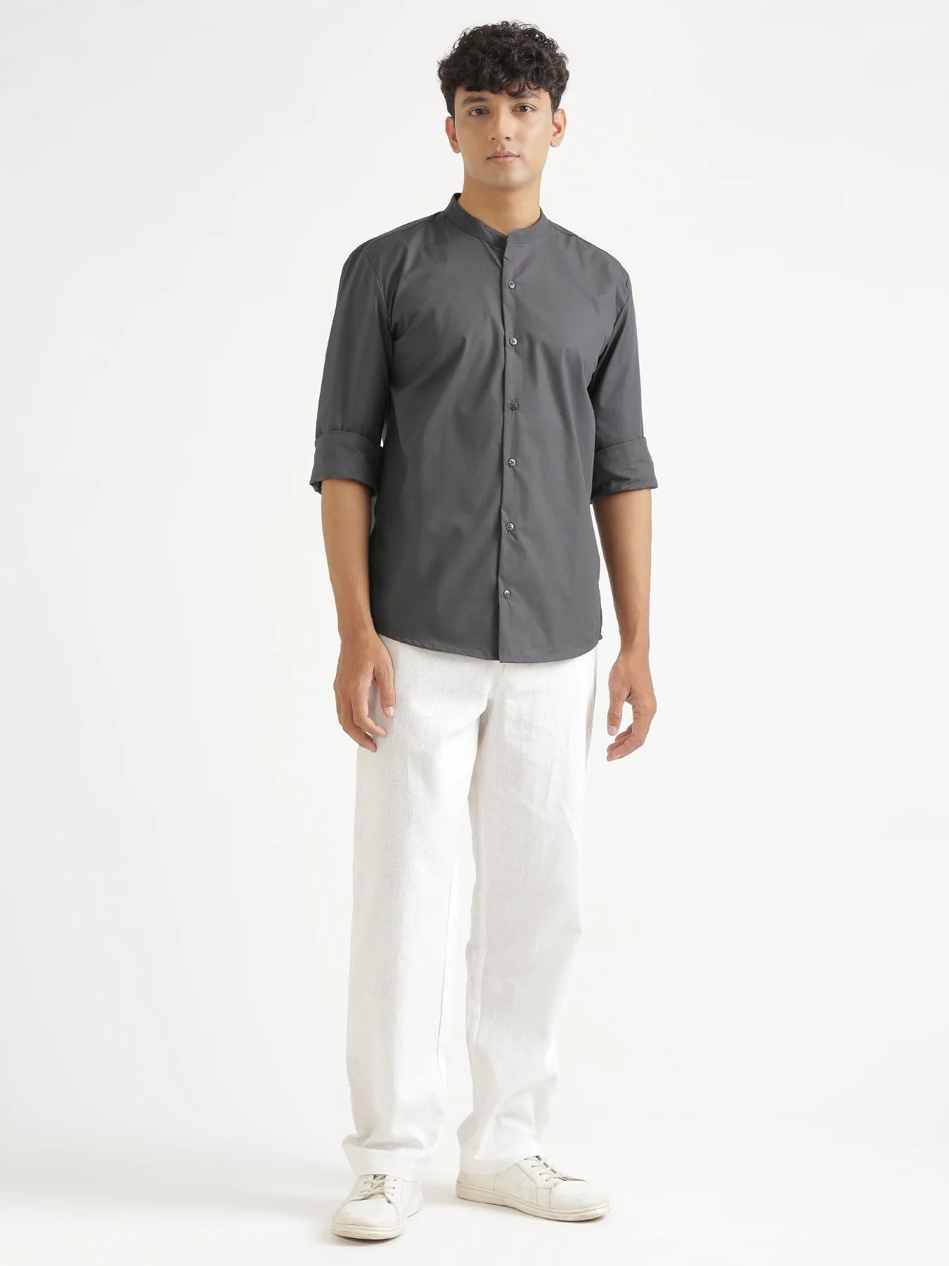 Men Dark Grey Better Cotton Mandarin Collar Shirt