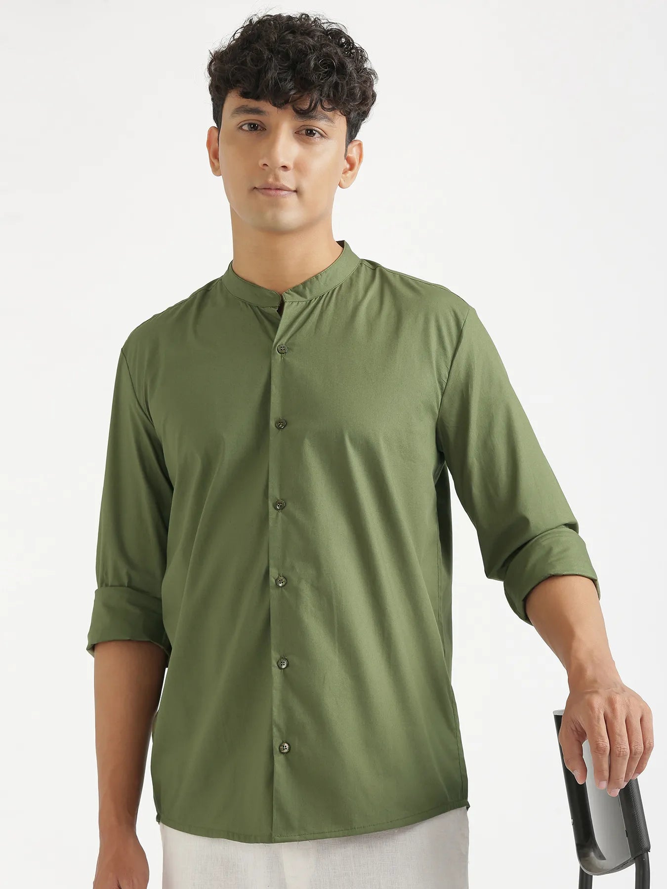 Men Forest Green Better Cotton Mandarin Collar Shirt