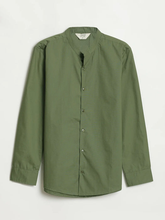 Men Forest Green Better Cotton Mandarin Collar Shirt