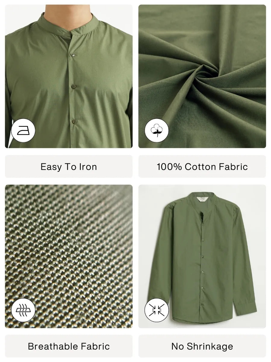 Men Forest Green Better Cotton Mandarin Collar Shirt