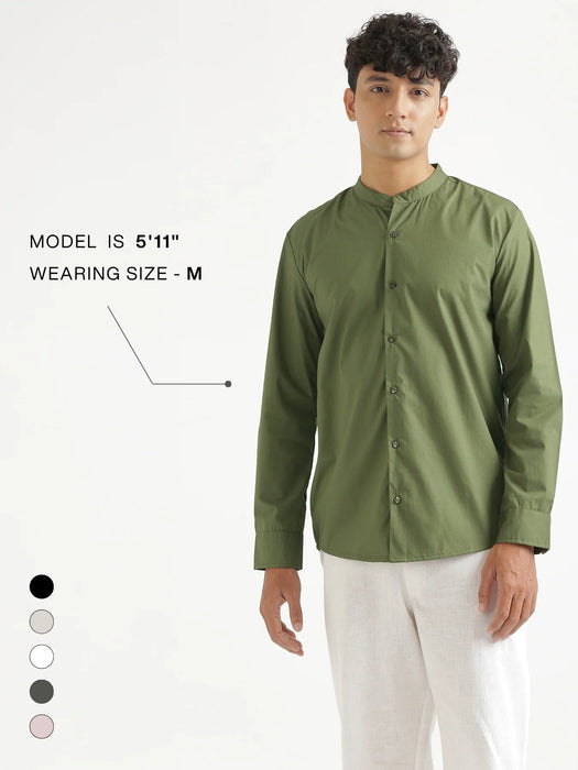 Men Forest Green Better Cotton Mandarin Collar Shirt