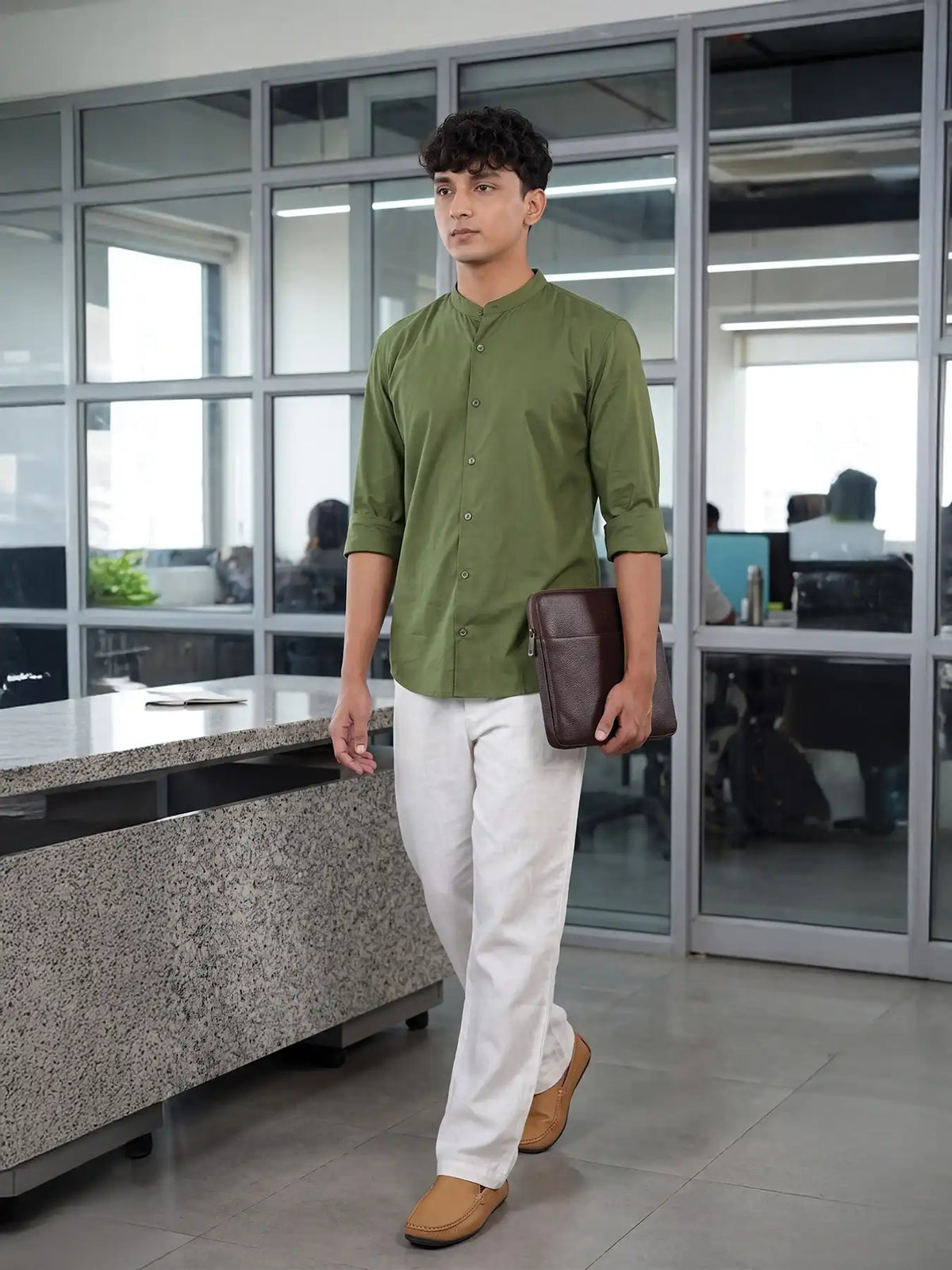 Men Forest Green Better Cotton Mandarin Collar Shirt