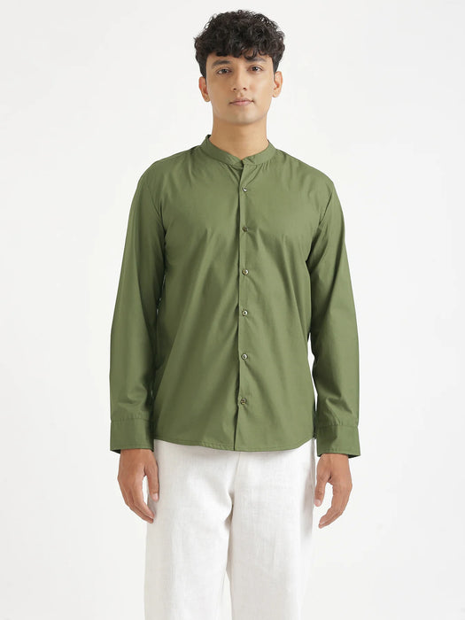Men Forest Green Better Cotton Mandarin Collar Shirt