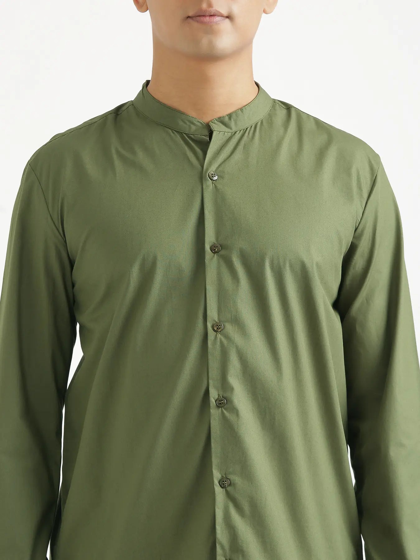 Men Forest Green Better Cotton Mandarin Collar Shirt