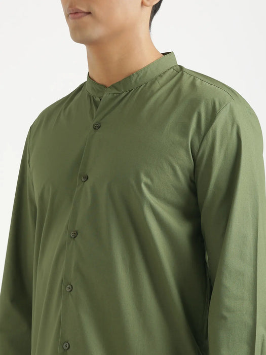 Men Forest Green Better Cotton Mandarin Collar Shirt