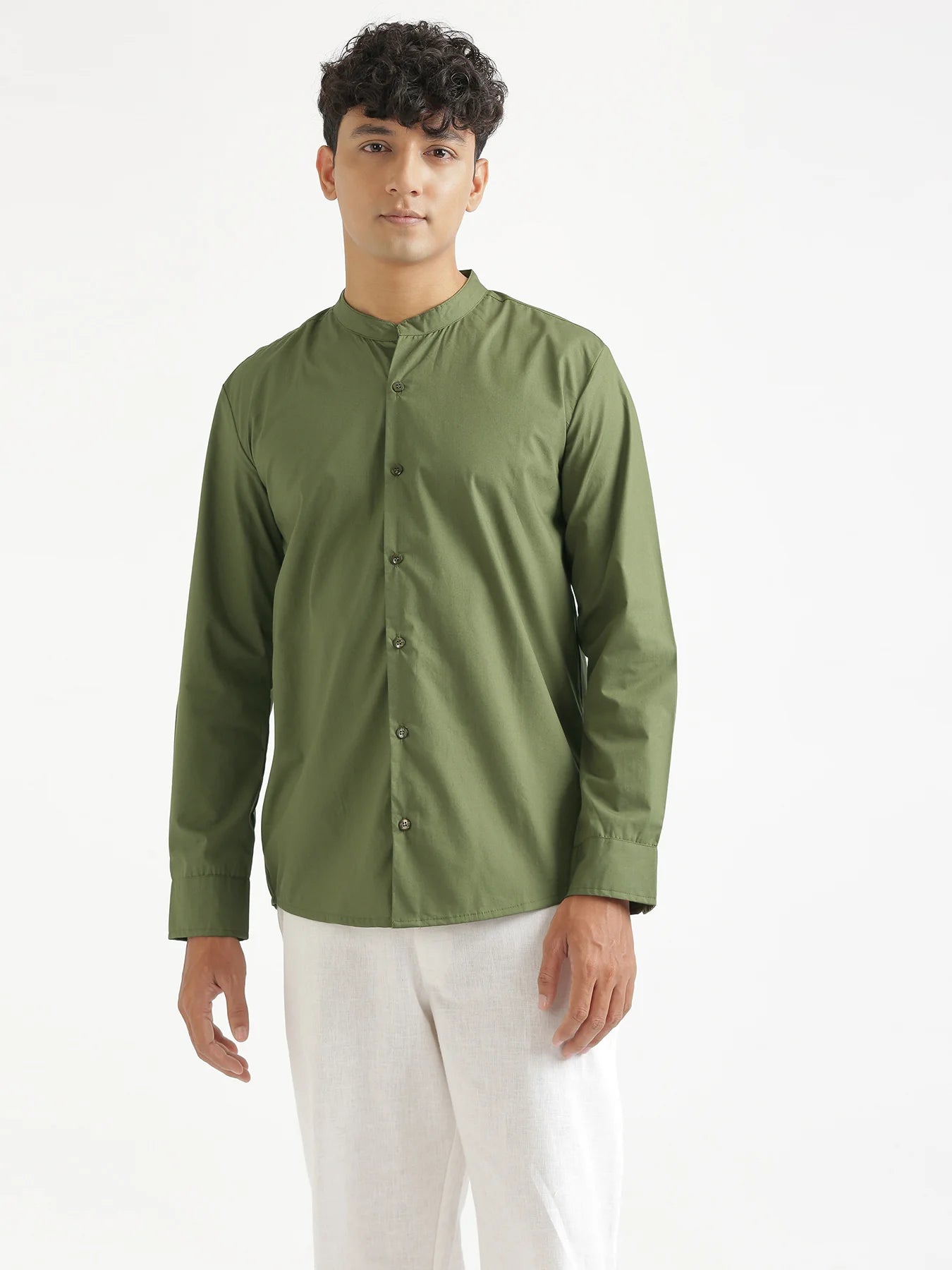 Men Forest Green Better Cotton Mandarin Collar Shirt