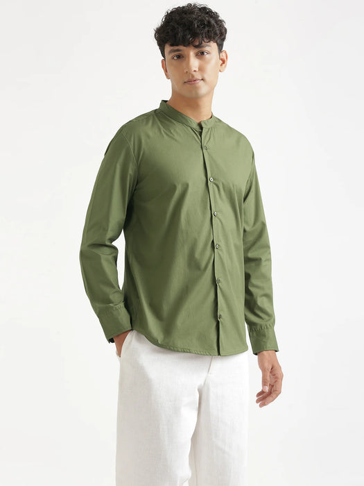 Men Forest Green Better Cotton Mandarin Collar Shirt