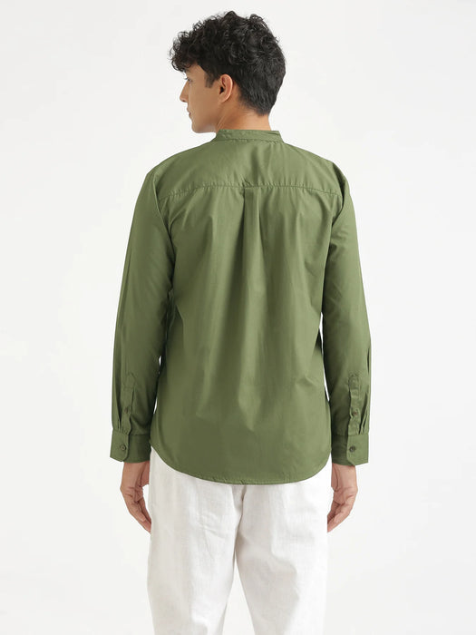 Men Forest Green Better Cotton Mandarin Collar Shirt