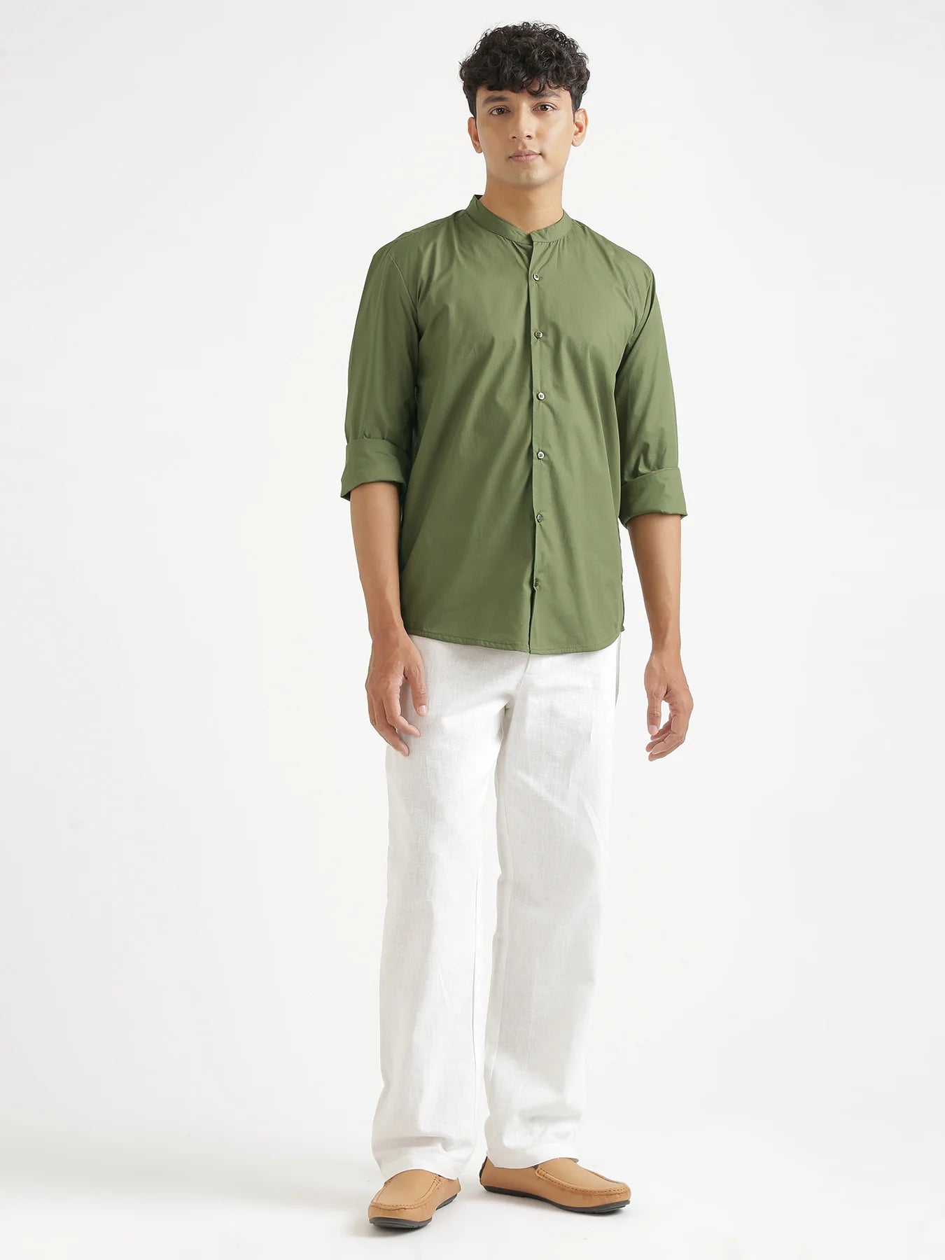 Men Forest Green Better Cotton Mandarin Collar Shirt