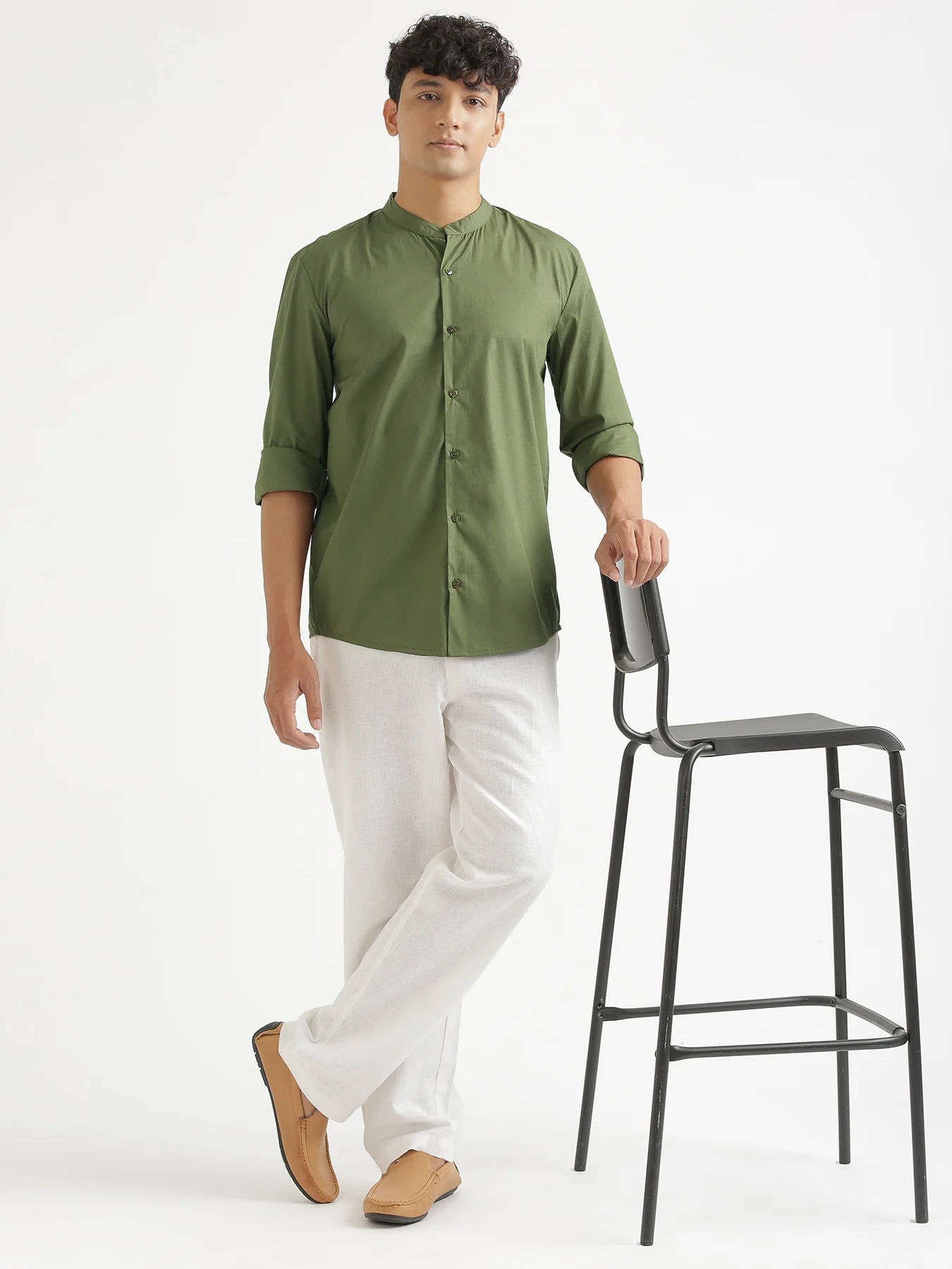 Men Forest Green Better Cotton Mandarin Collar Shirt
