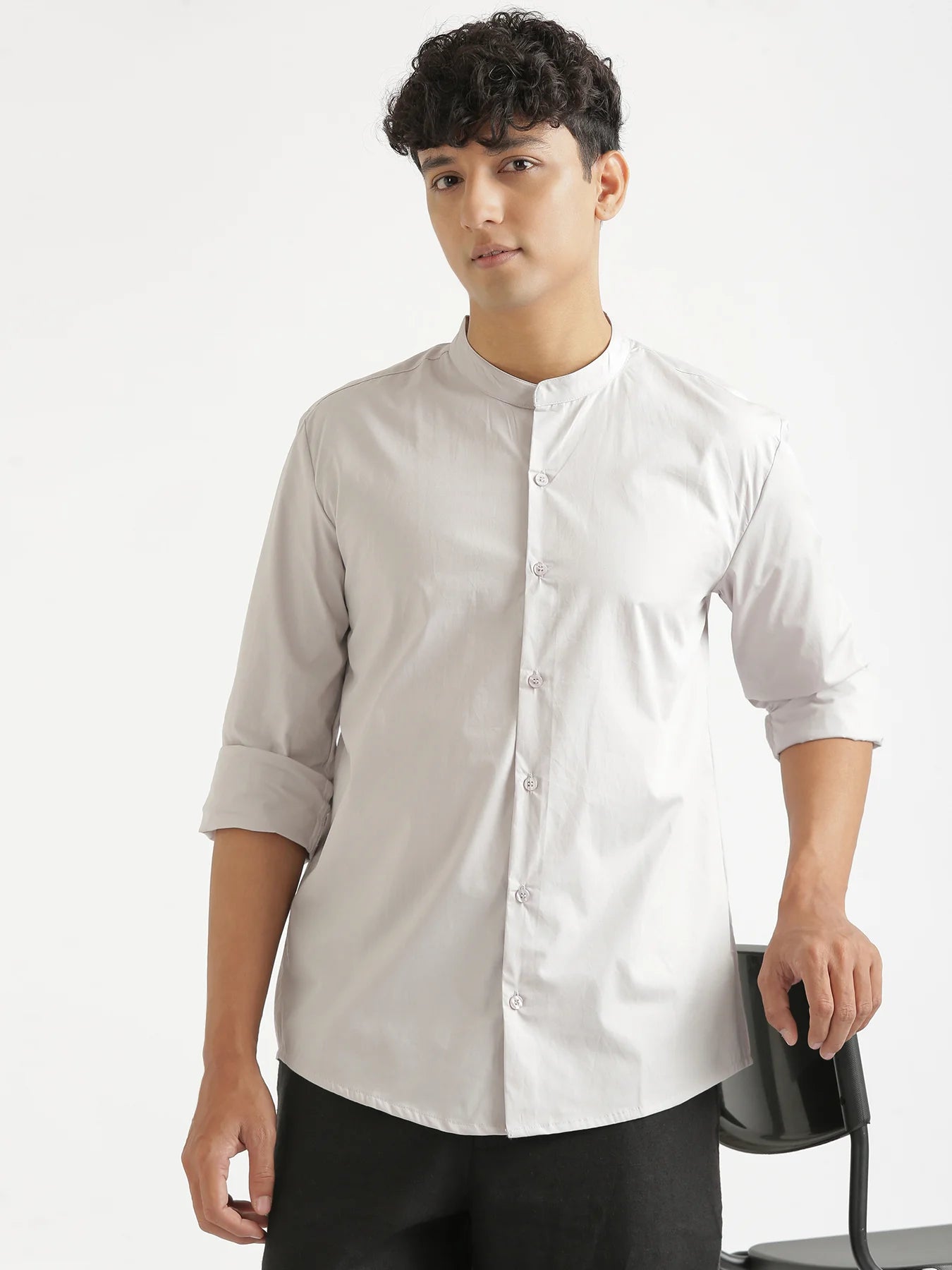 Men Grey Better Cotton Mandarin Collar Shirt