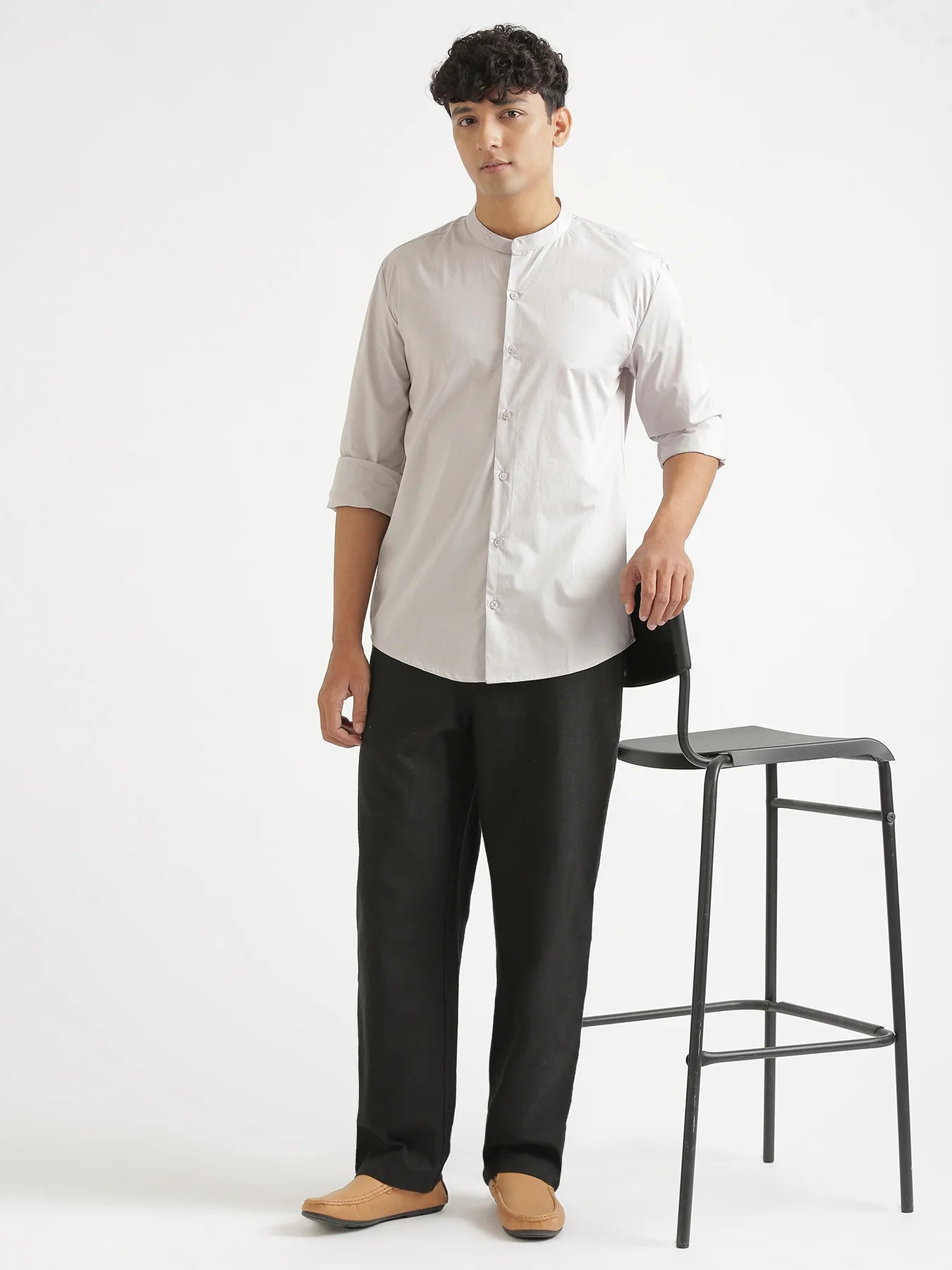 Men Grey Better Cotton Mandarin Collar Shirt