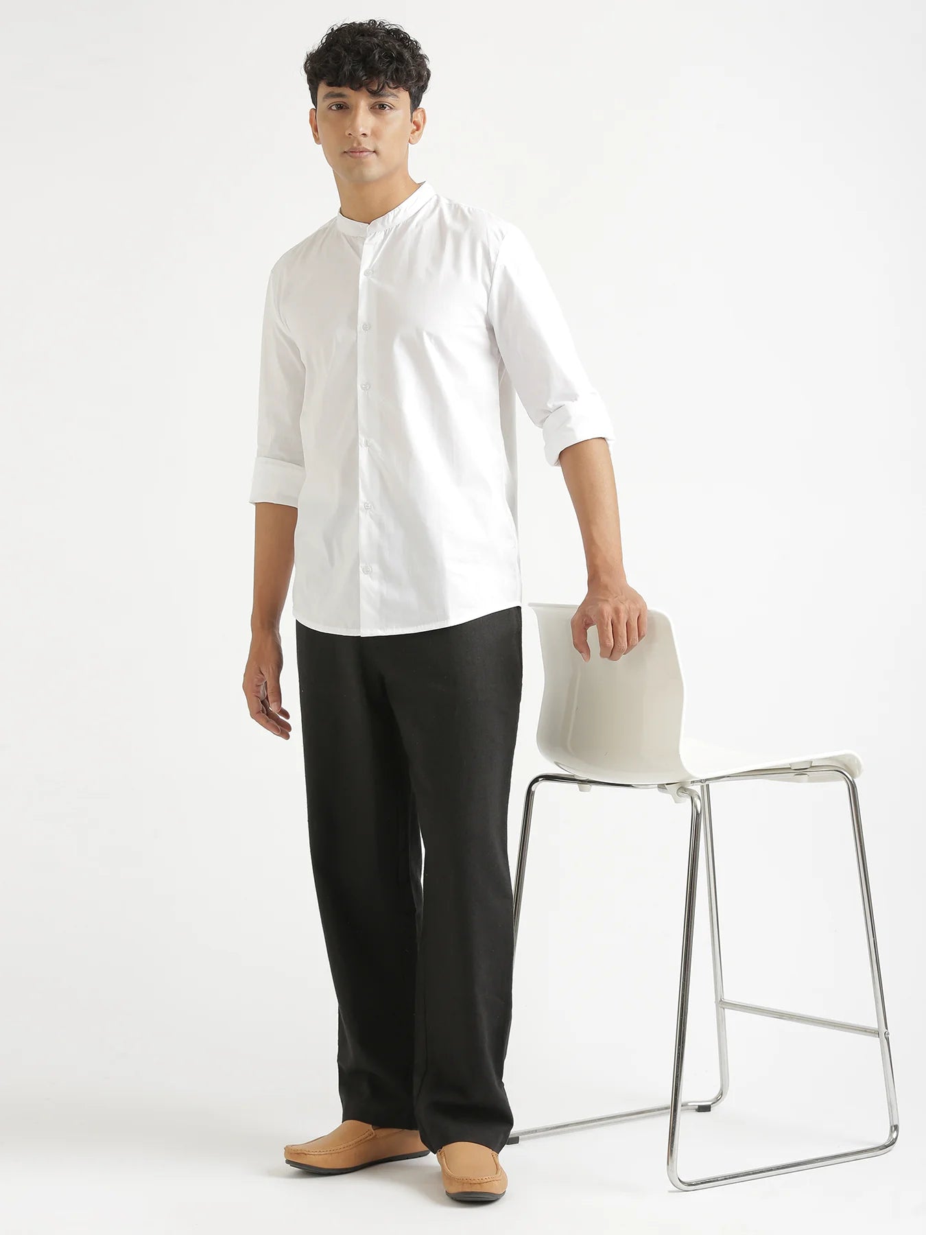 Men White Better Cotton Mandarin Collar Shirt