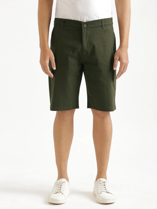 Men Olive Green Tailored Cotton Shorts