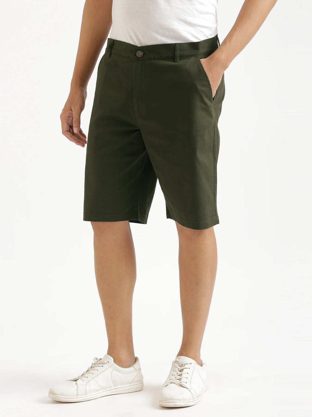 Men Olive Green Tailored Cotton Shorts