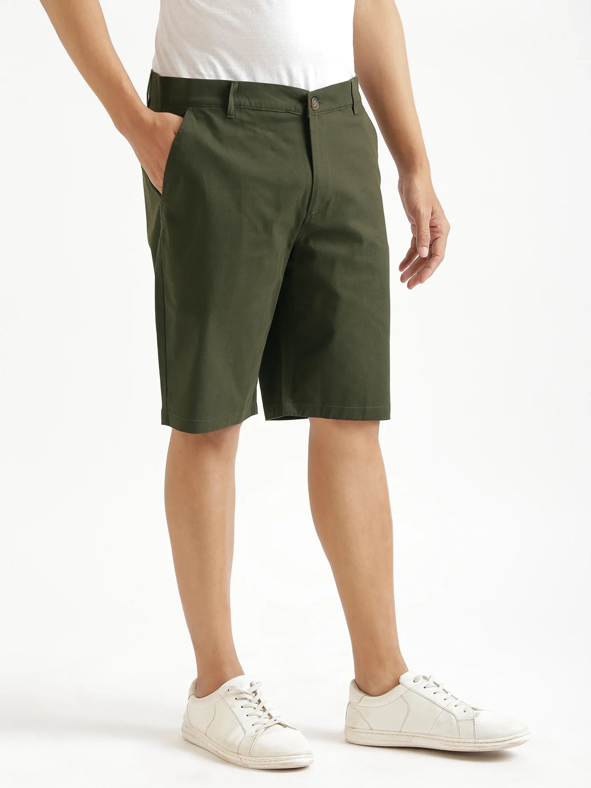 Men Olive Green Tailored Cotton Shorts