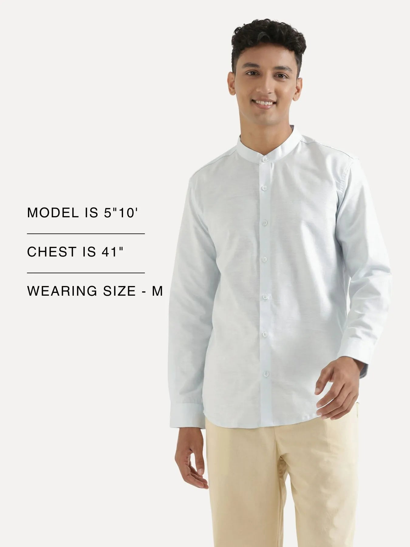 Men Powder Blue Linen Blend Mandarin Collar Shirt