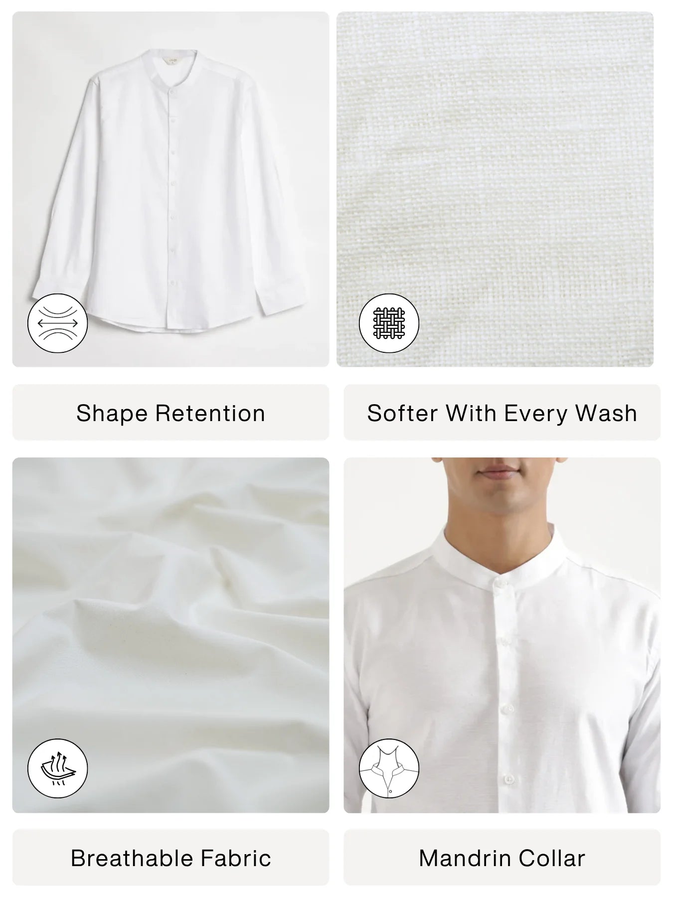 Men White Linen Blend Mandarin Collar Shirt