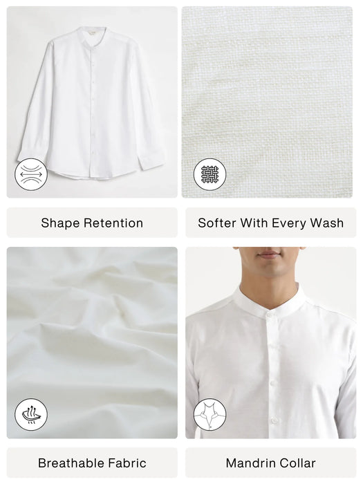 Men White Linen Blend Mandarin Collar Shirt