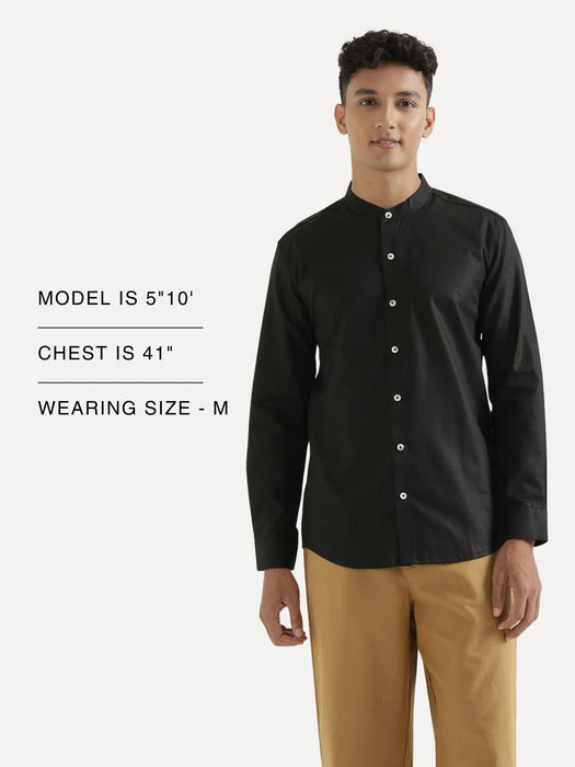Men Black Linen Blend Mandarin Collar Shirt