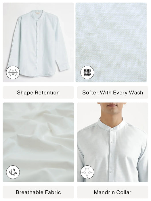 Men Powder Blue Linen Blend Mandarin Collar Shirt