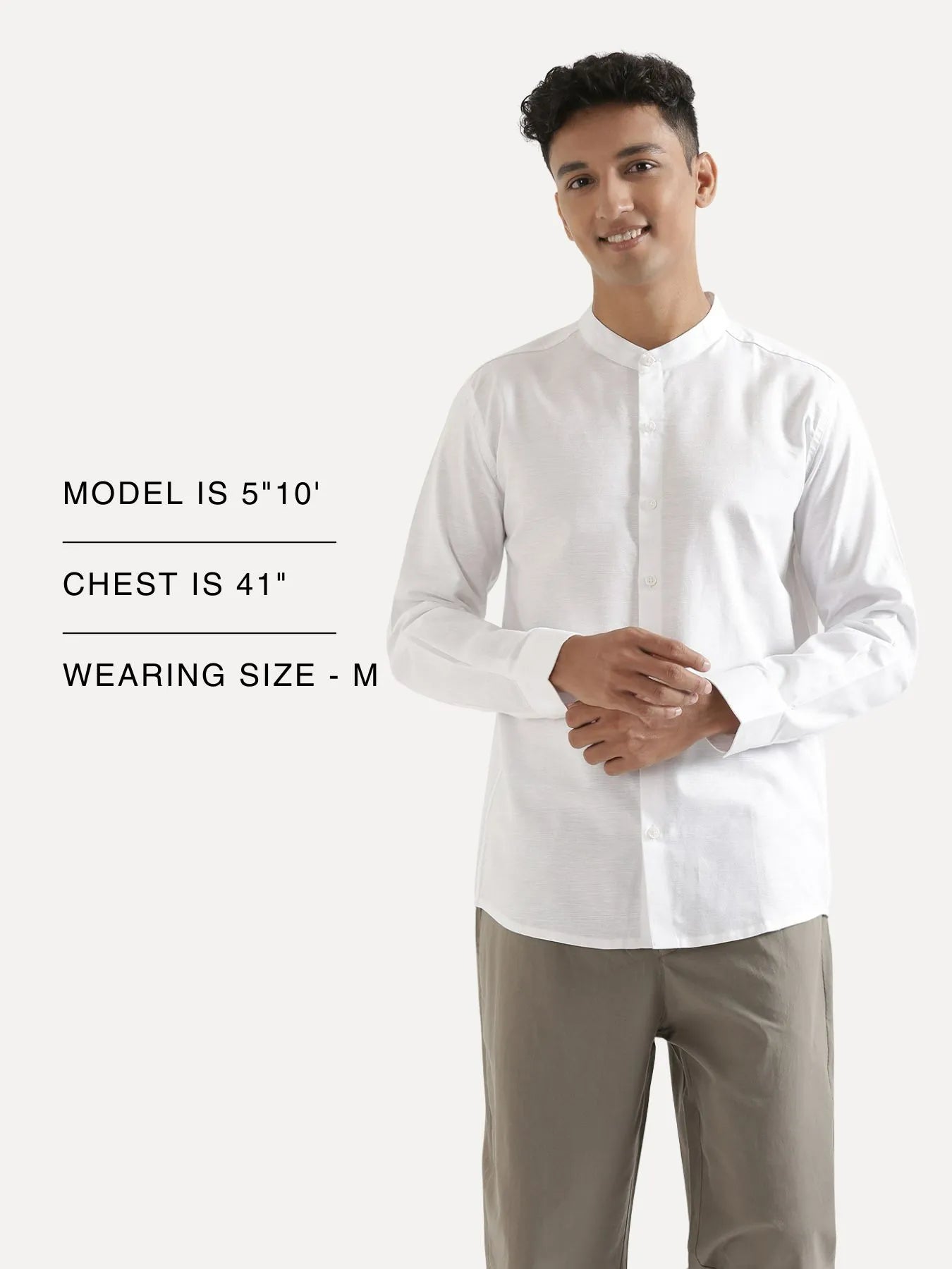 Men White Linen Blend Mandarin Collar Shirt