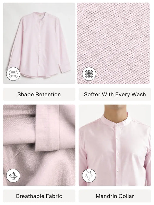 Men Blush Pink Linen Blend Mandarin Collar Shirt