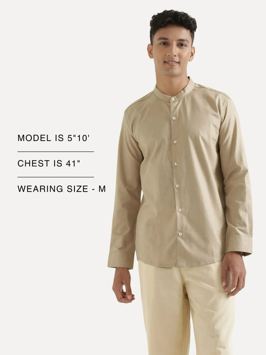 Men Taupe Linen Blend Mandarin Collar Shirt