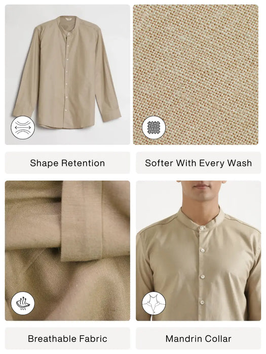 Men Taupe Linen Blend Mandarin Collar Shirt