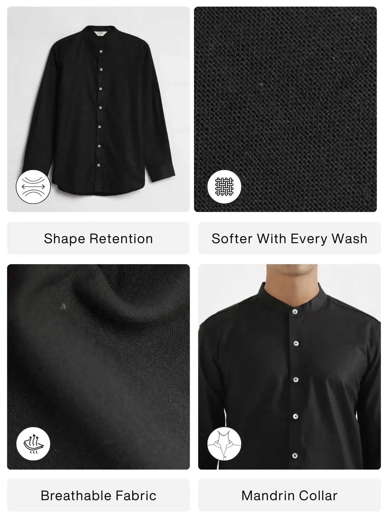 Men Black Linen Blend Mandarin Collar Shirt