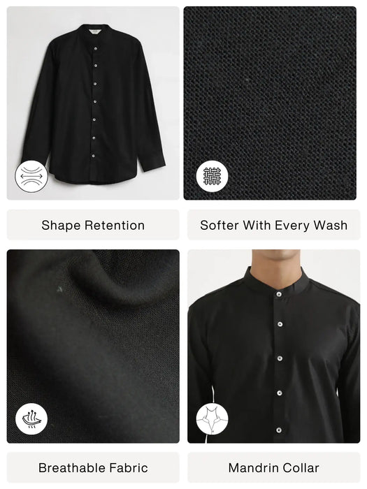 Men Black Linen Blend Mandarin Collar Shirt