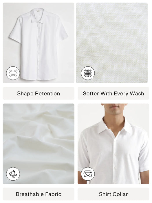 Men White Linen Blend Short Sleeve Shirt