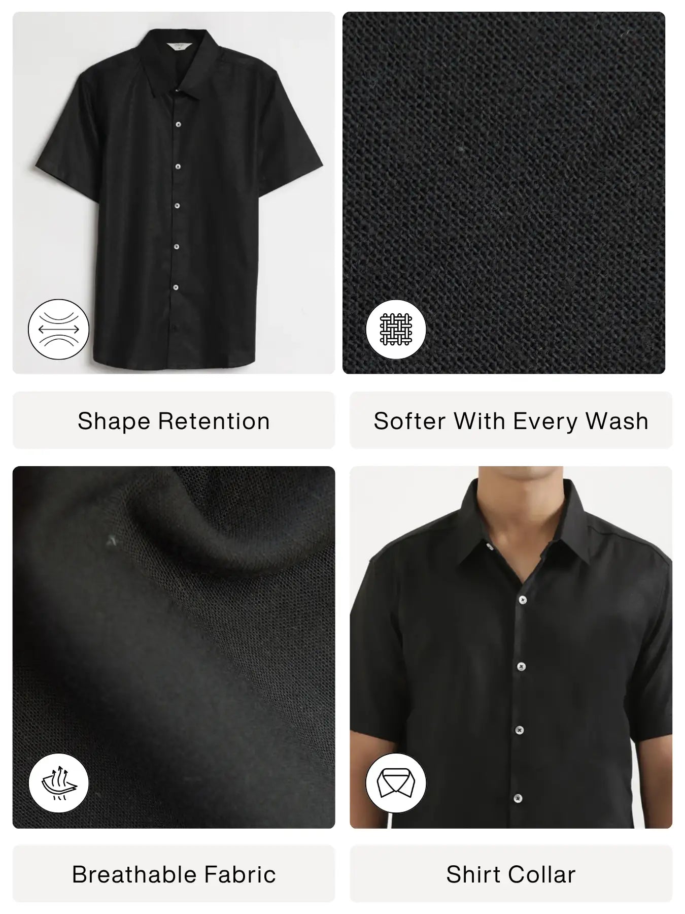 Men Black Linen Blend Short Sleeve Shirt