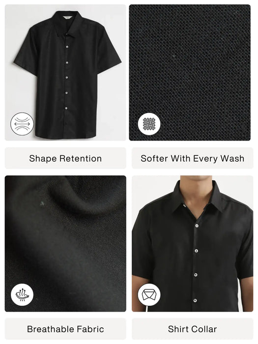 Men Black Linen Blend Short Sleeve Shirt