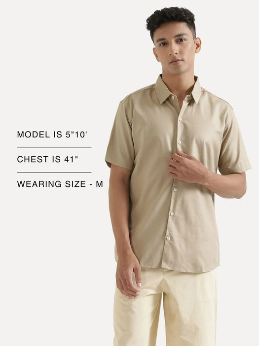 Men Taupe Linen Blend Short Sleeve Shirt