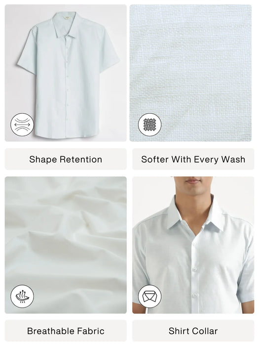 Men Powder Blue Linen Blend Short Sleeve Shirt