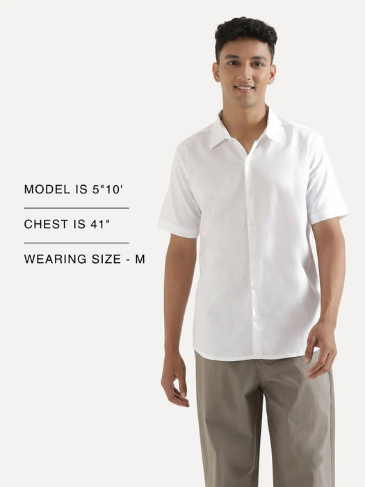 Men White Linen Blend Short Sleeve Shirt