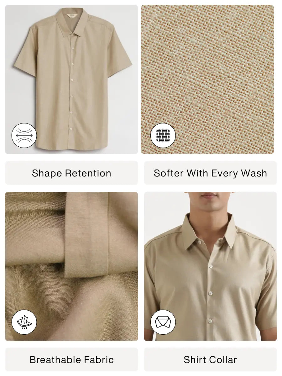 Men Taupe Linen Blend Short Sleeve Shirt