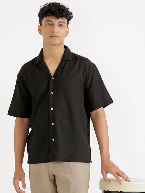 Men Flowy Linen Cuban Collar Black Shirt