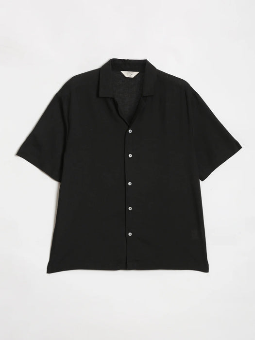 Men Flowy Linen Cuban Collar Black Shirt