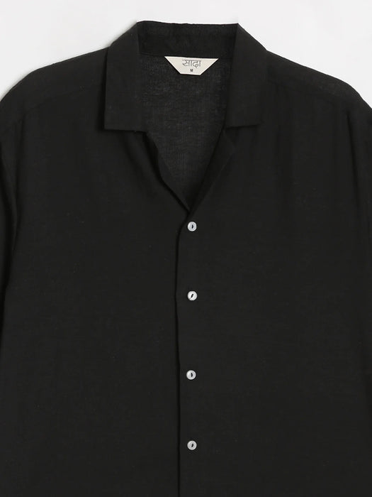 Men Flowy Linen Cuban Collar Black Shirt