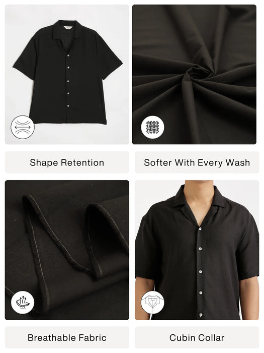 Men Flowy Linen Cuban Collar Black Shirt