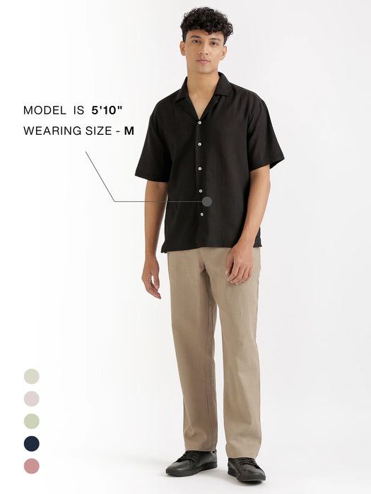Men Flowy Linen Cuban Collar Black Shirt