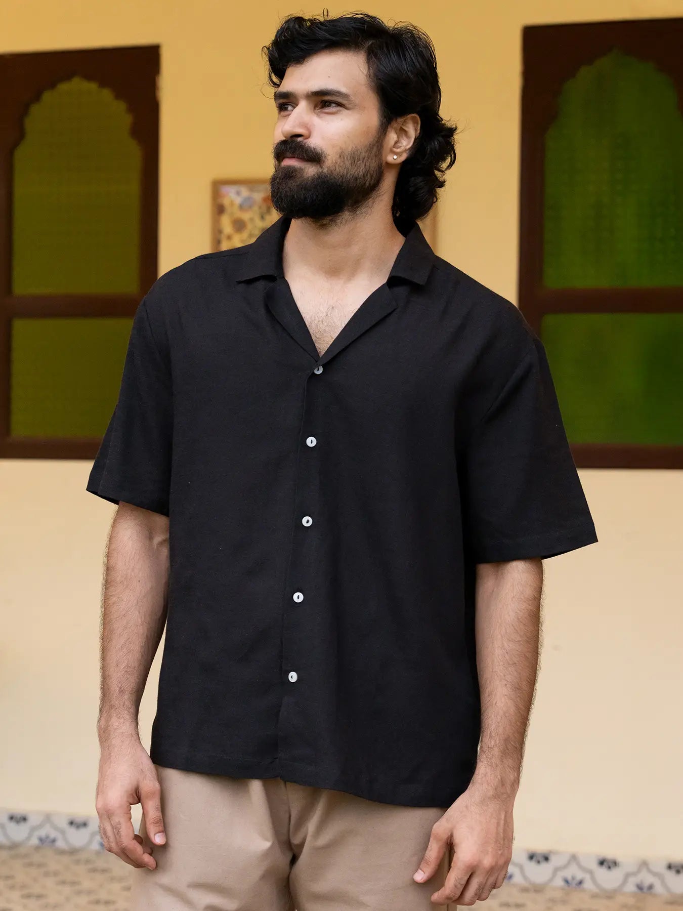 Men Flowy Linen Cuban Collar Black Shirt