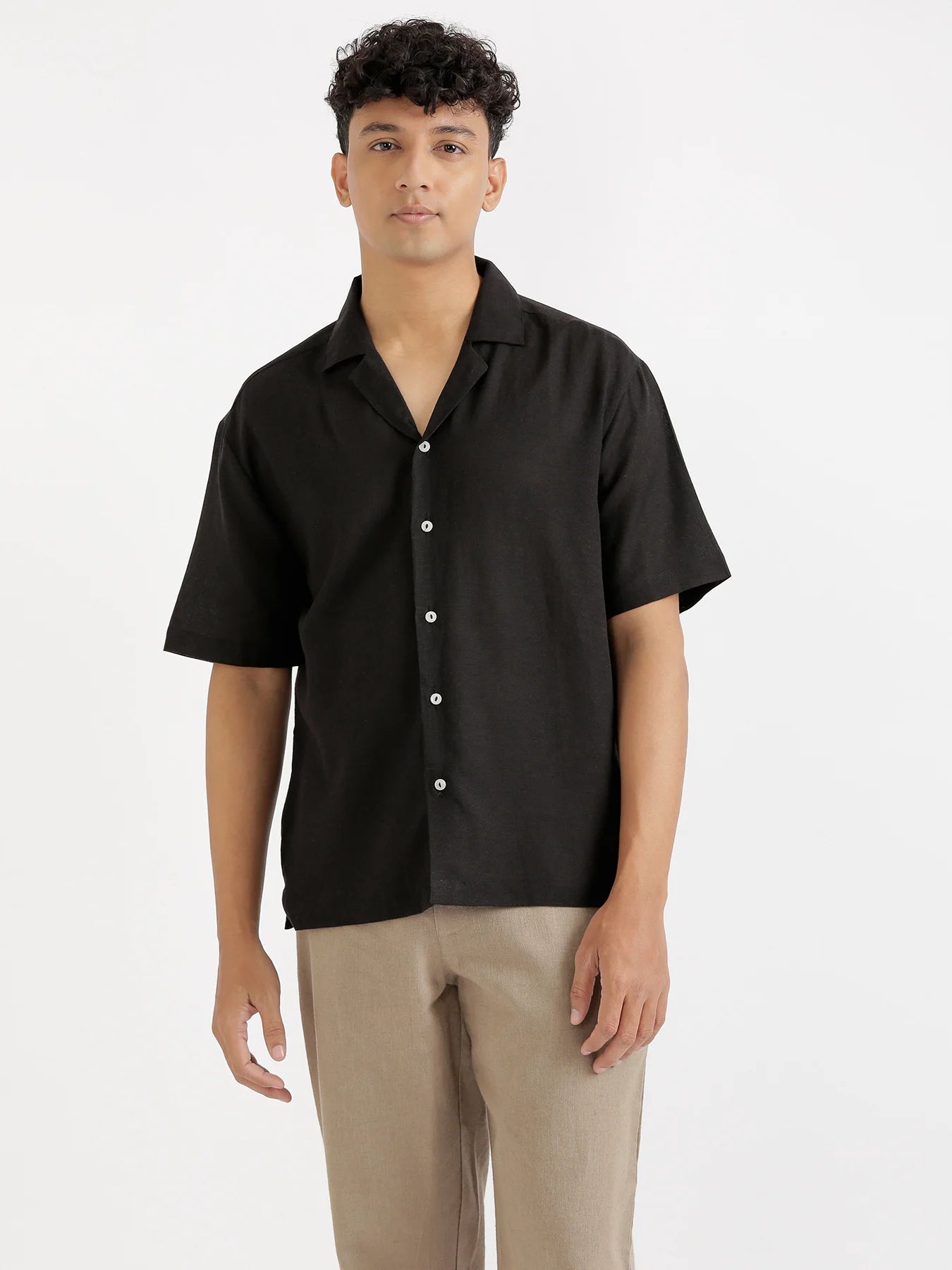 Men Flowy Linen Cuban Collar Black Shirt